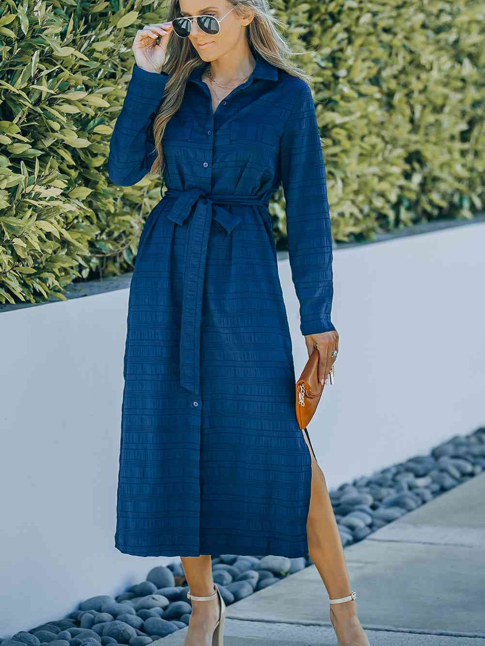 Button Front Textured Slit Shirt Dress with Belt - Stormyjay
