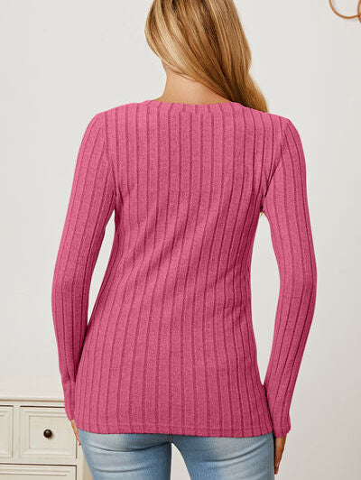 Basic Bae Full Size Ribbed V-Neck Long Sleeve T-Shirt - Stormyjay