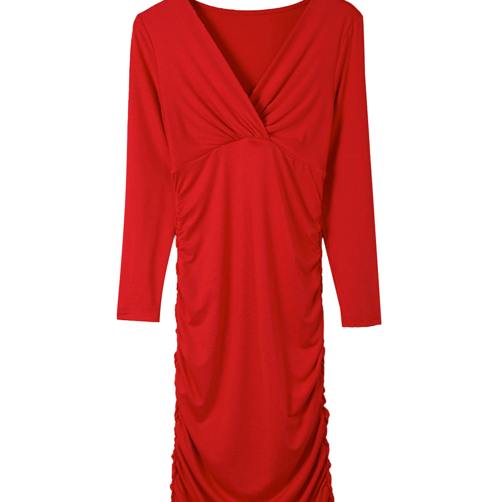 Fiery Red Long Sleeves Wrap V Neck Ruched Sheath Bodycon Dress - Stormyjay