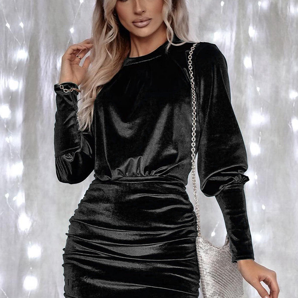 Black Velvet Puff Sleeve Ruched Bodycon Dress - Stormyjay