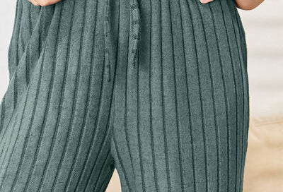 Basic Bae Full Size Ribbed Drawstring Hood Top and Straight Pants Set