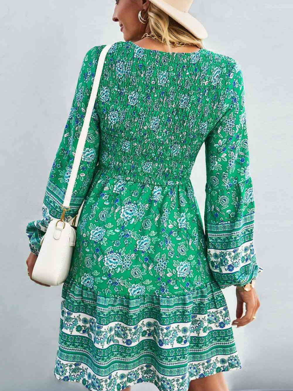 Bohemian V-Neck Balloon Sleeve Dress - Stormyjay