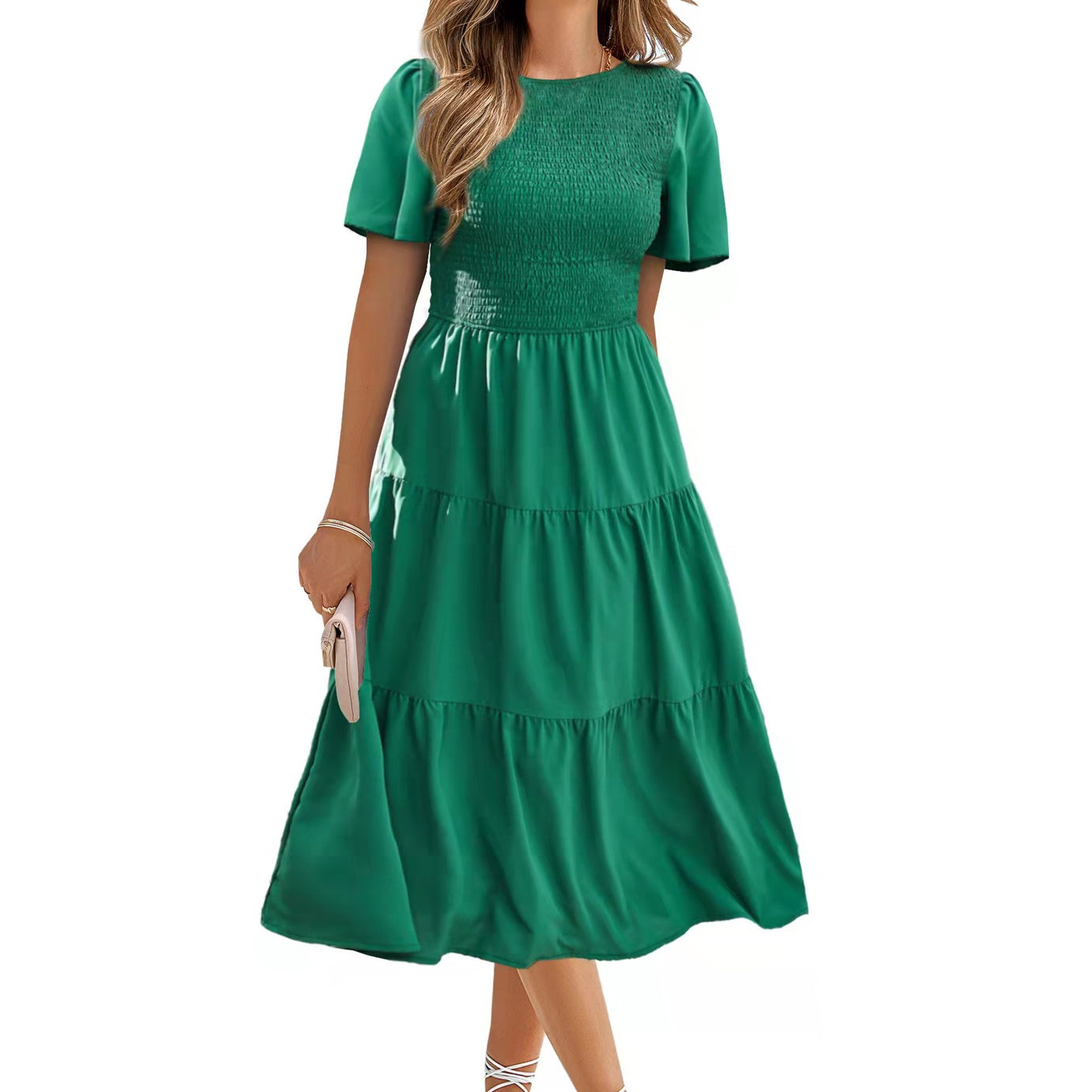 Women's Round Neck Smocked Short Sleeve Casual Dress Swing Flowy Ruffle Hem Mini Beach Summer Dresses - Stormyjay