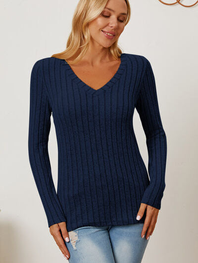 Basic Bae Full Size Ribbed V-Neck Long Sleeve T-Shirt - Stormyjay