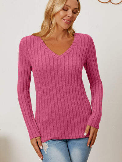 Basic Bae Full Size Ribbed V-Neck Long Sleeve T-Shirt - Stormyjay