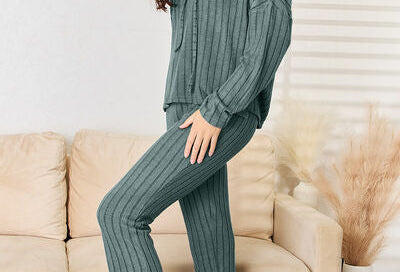 Basic Bae Full Size Ribbed Drawstring Hood Top and Straight Pants Set