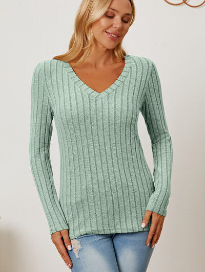 Basic Bae Full Size Ribbed V-Neck Long Sleeve T-Shirt - Stormyjay