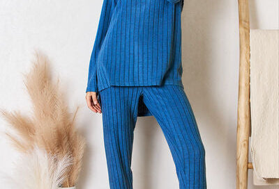 Basic Bae Full Size Ribbed Round Neck High-Low Slit Top and Pants Set