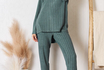 Basic Bae Full Size Ribbed Round Neck High-Low Slit Top and Pants Set