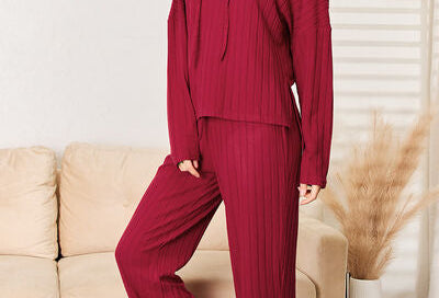 Basic Bae Full Size Ribbed Drawstring Hood Top and Straight Pants Set