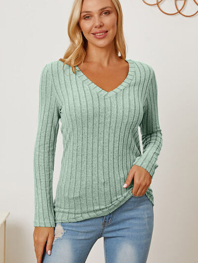 Basic Bae Full Size Ribbed V-Neck Long Sleeve T-Shirt - Stormyjay