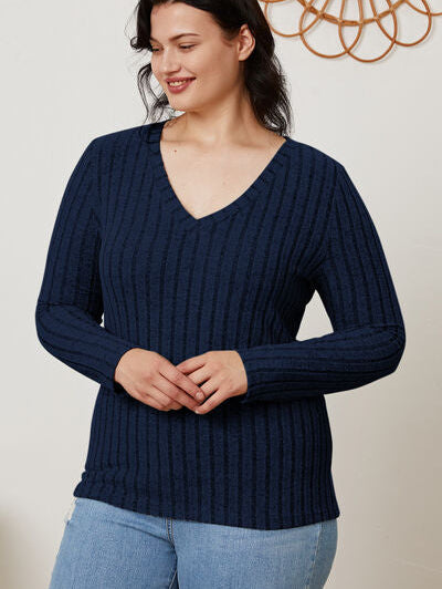 Basic Bae Full Size Ribbed V-Neck Long Sleeve T-Shirt - Stormyjay