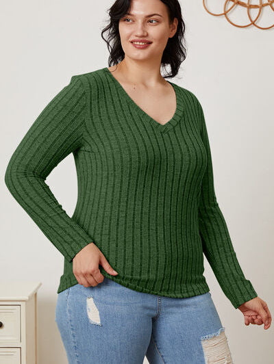 Basic Bae Full Size Ribbed V-Neck Long Sleeve T-Shirt - Stormyjay