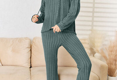 Basic Bae Full Size Ribbed Drawstring Hood Top and Straight Pants Set