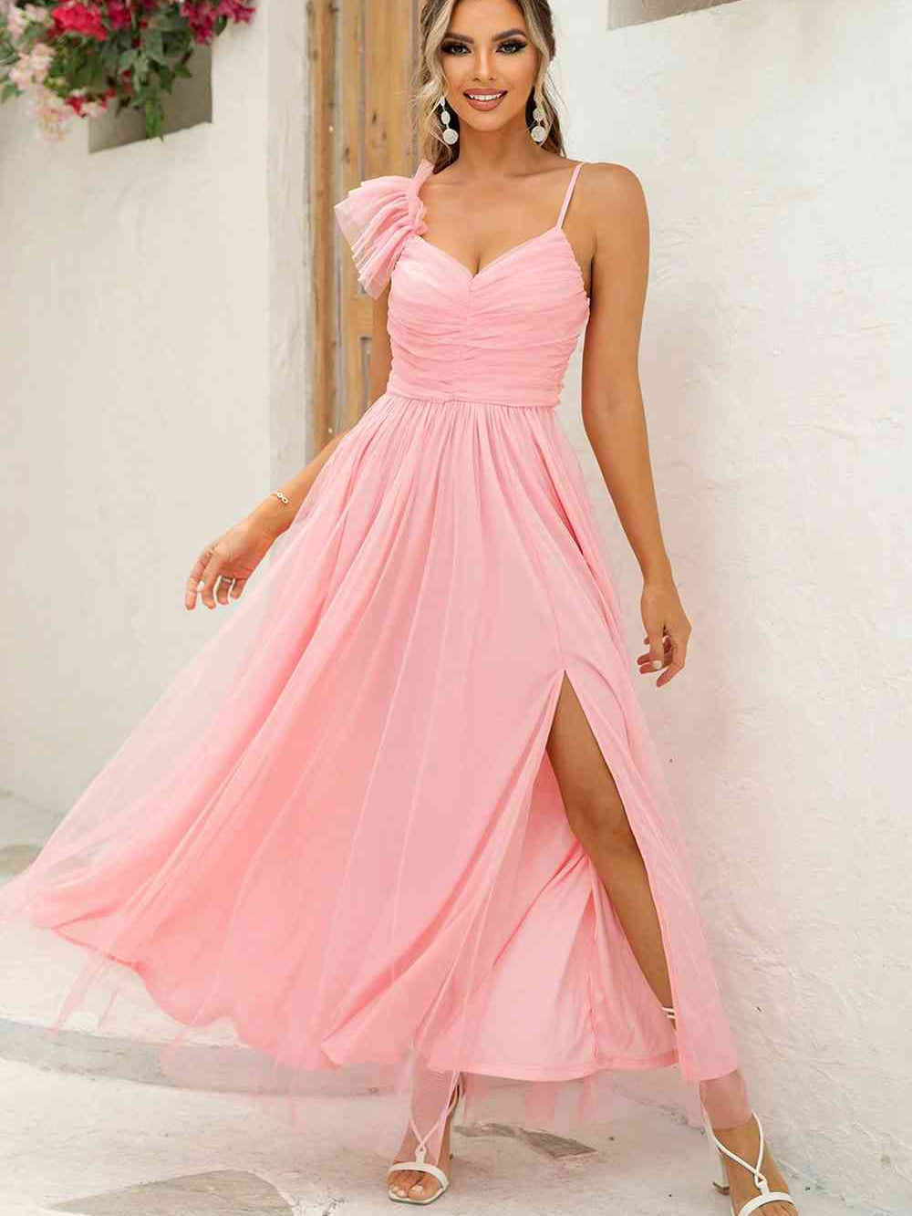 Asymmetrical Ruched Slit Dress