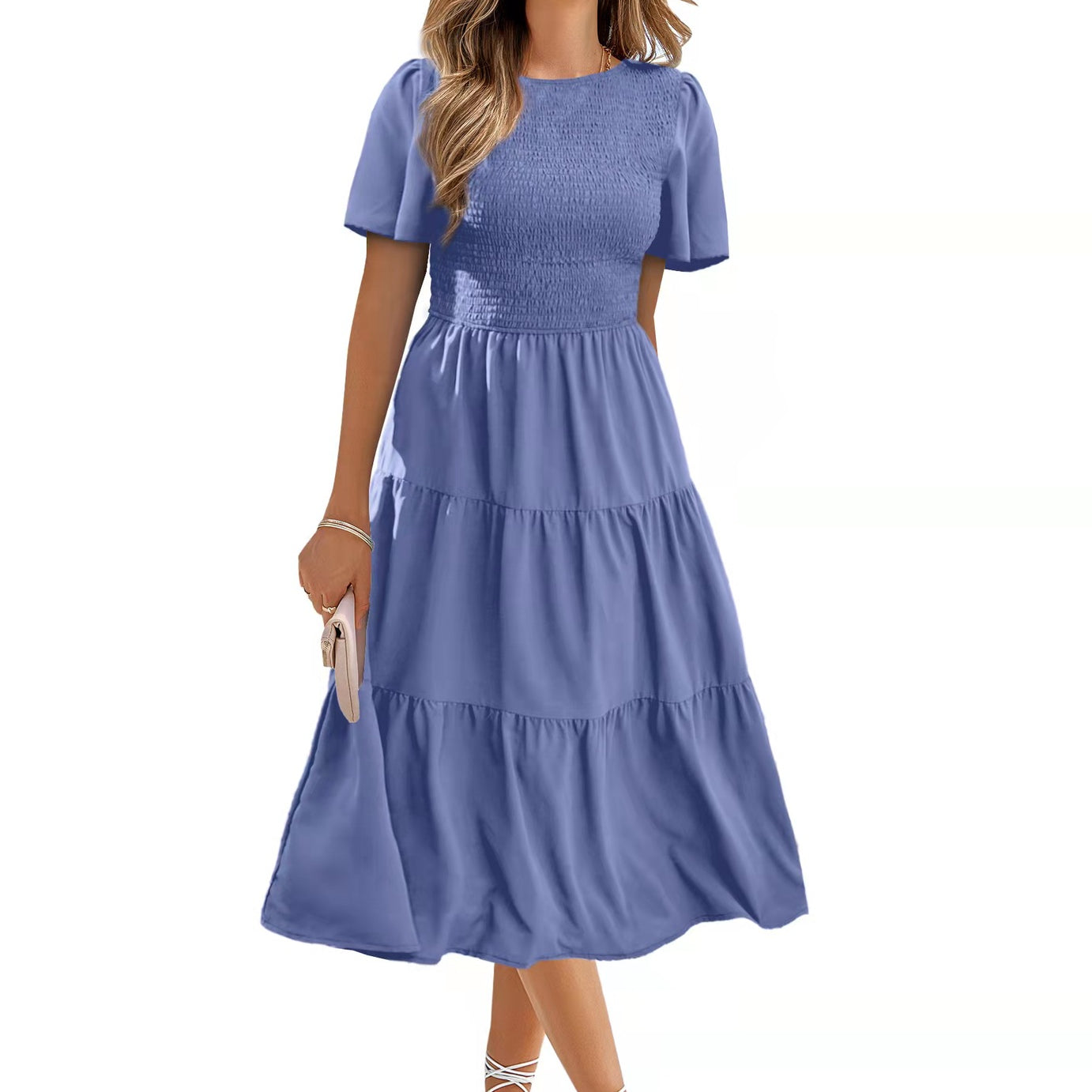 Women's Round Neck Smocked Short Sleeve Casual Dress Swing Flowy Ruffle Hem Mini Beach Summer Dresses - Stormyjay
