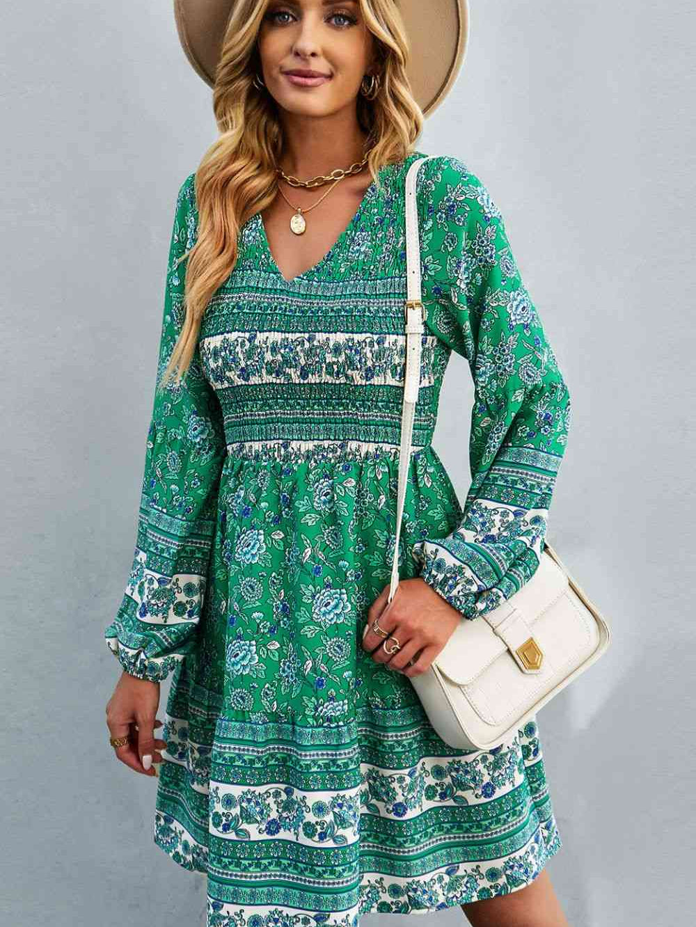 Bohemian V-Neck Balloon Sleeve Dress - Stormyjay