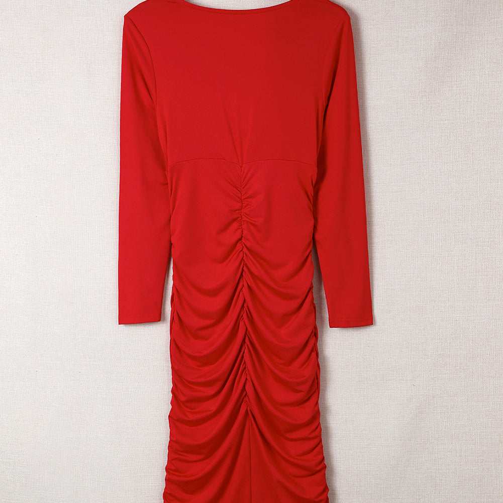 Fiery Red Long Sleeves Wrap V Neck Ruched Sheath Bodycon Dress - Stormyjay