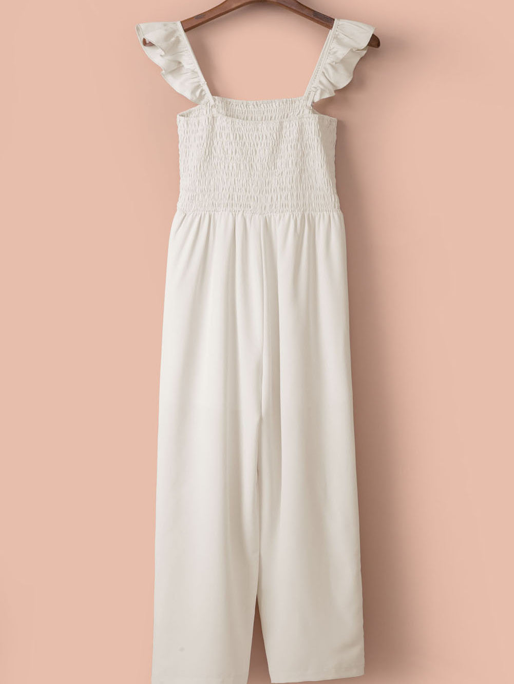 Apricot Smocked Ruffle Strap Pocket Wide Leg Jumpsuit - Stormyjay