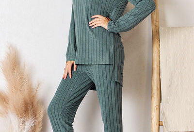 Basic Bae Full Size Ribbed Round Neck High-Low Slit Top and Pants Set