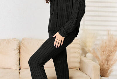 Basic Bae Full Size Ribbed Drawstring Hood Top and Straight Pants Set