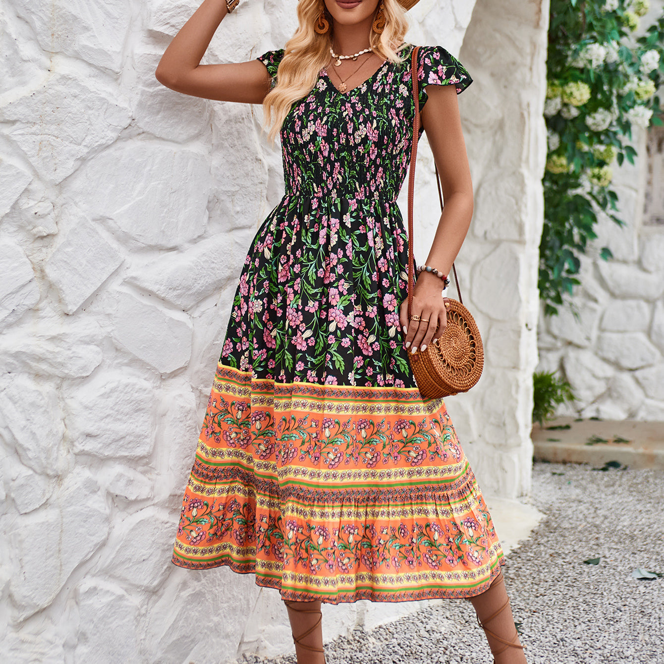 New Flowers Print V-neck Dress Summer Casual Ruffle Sleeveless Bohemian Holiday Beach Dress for Women - Stormyjay