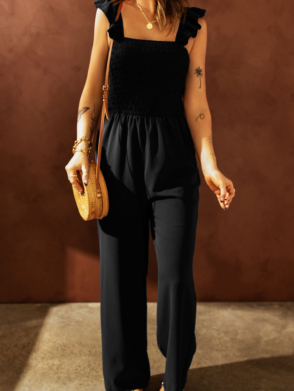 Apricot Smocked Ruffle Strap Pocket Wide Leg Jumpsuit - Stormyjay