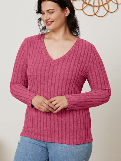 Basic Bae Full Size Ribbed V-Neck Long Sleeve T-Shirt - Stormyjay