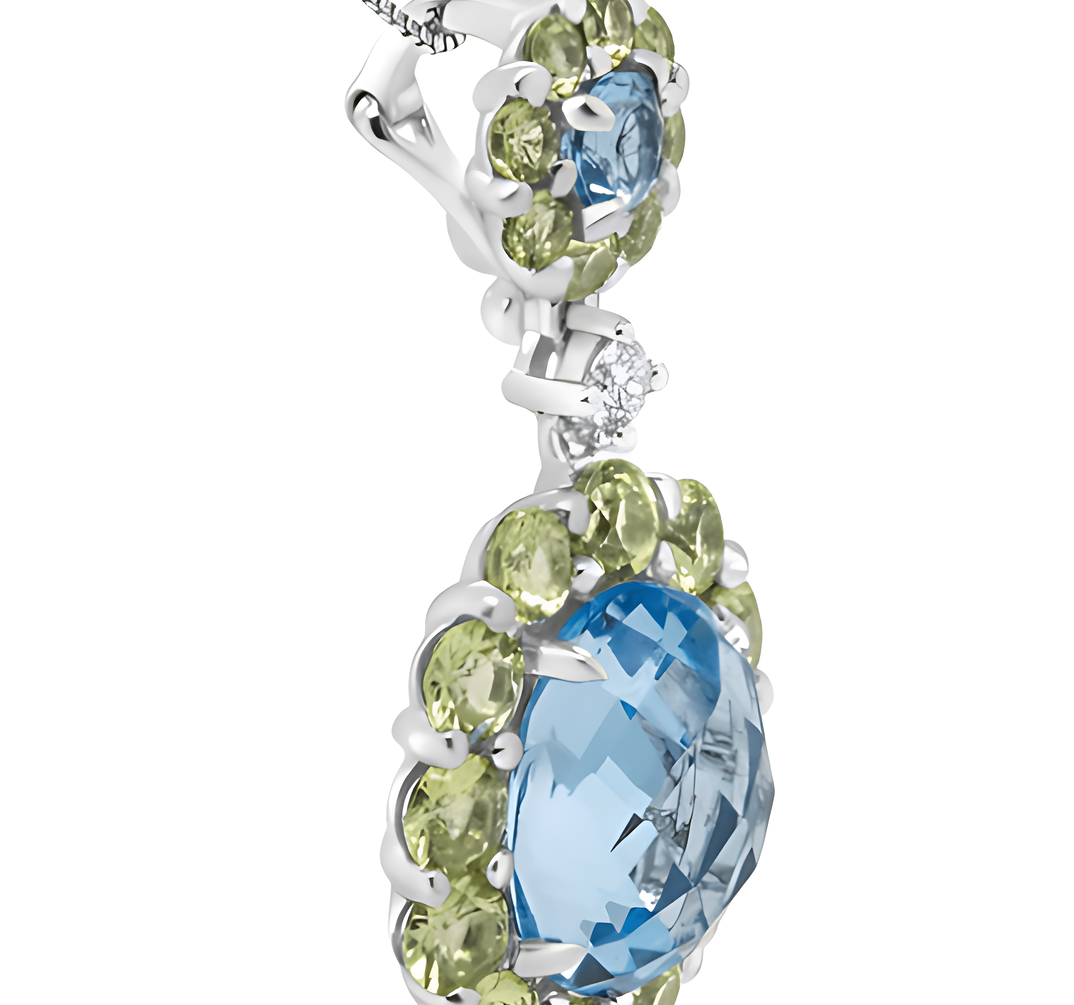 18k White Gold 0.05 Cttw Round Diamond and Blue Topaz and Green Peridot Gemstone Halo Drop 18" Pendant Necklace (F-G Color, VS1-VS2 Clarity) - Stormyjay