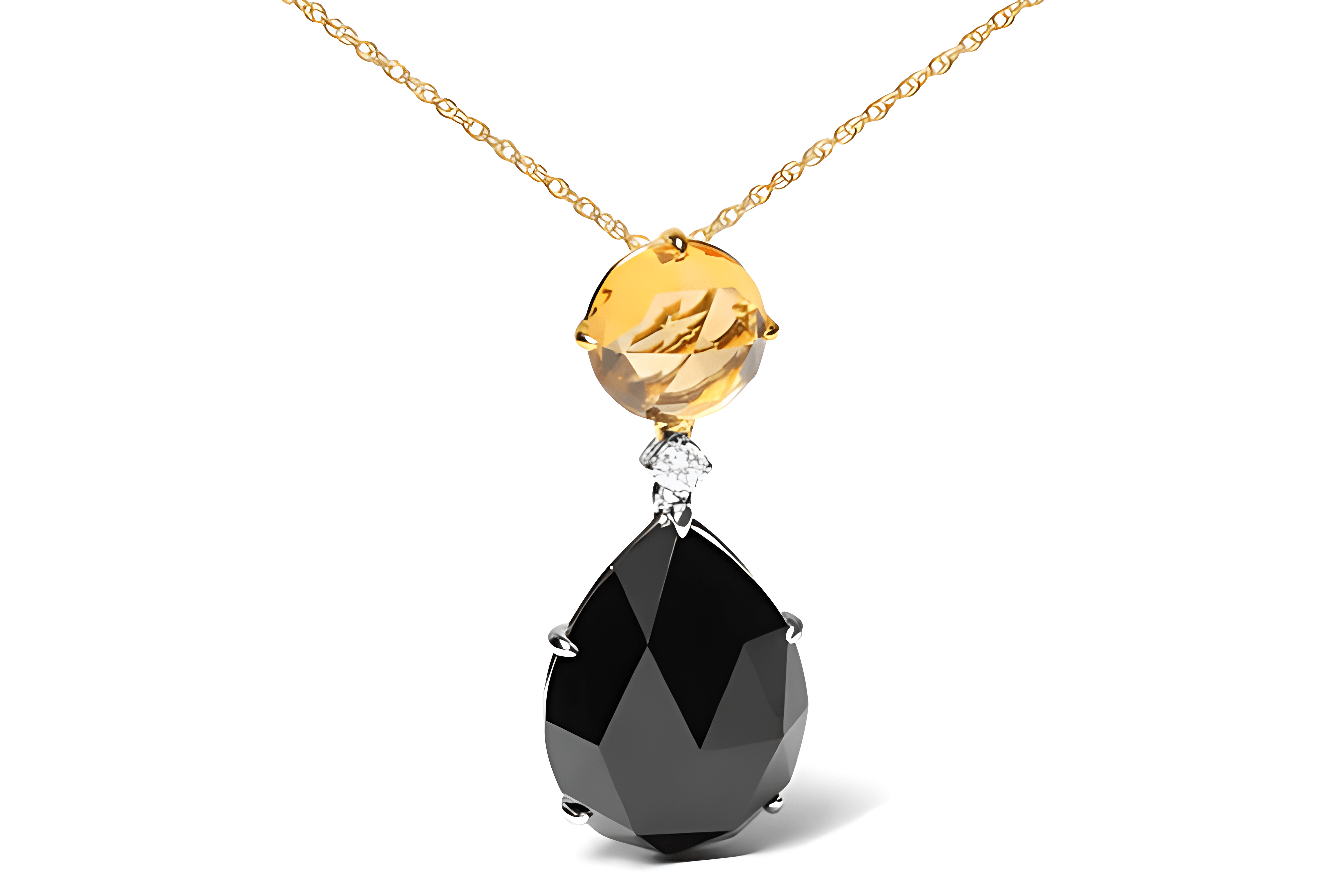 18K White and Yellow Gold Diamond Accent and Round Yellow Citrine and Pear Cut Black Onyx Dangle Drop 18" Pendant Necklace (G-H Color, SI1-SI2 Clarity) - Stormyjay