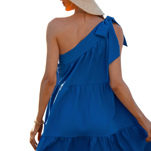 Women's Diagonal Neck Solid Color Ruffle Dress - Stormyjay