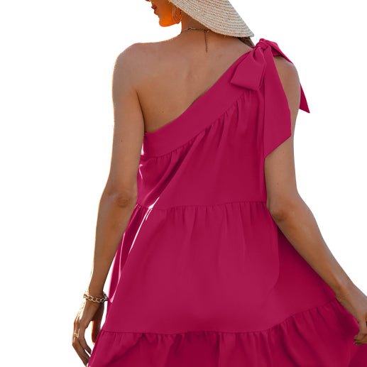 Women's Diagonal Neck Solid Color Ruffle Dress - Stormyjay