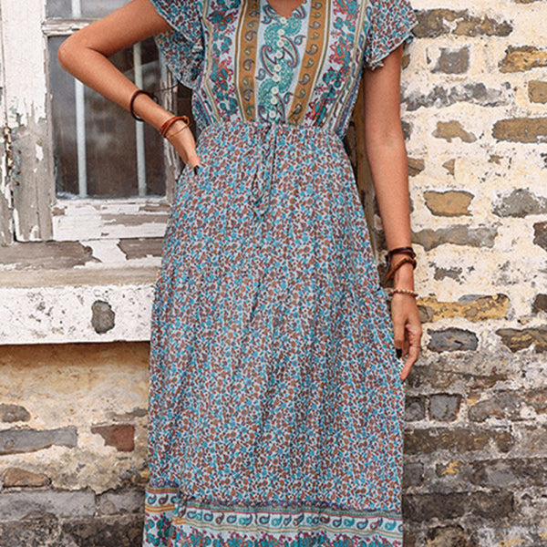 women's summer retro print green slimming dress - Stormyjay