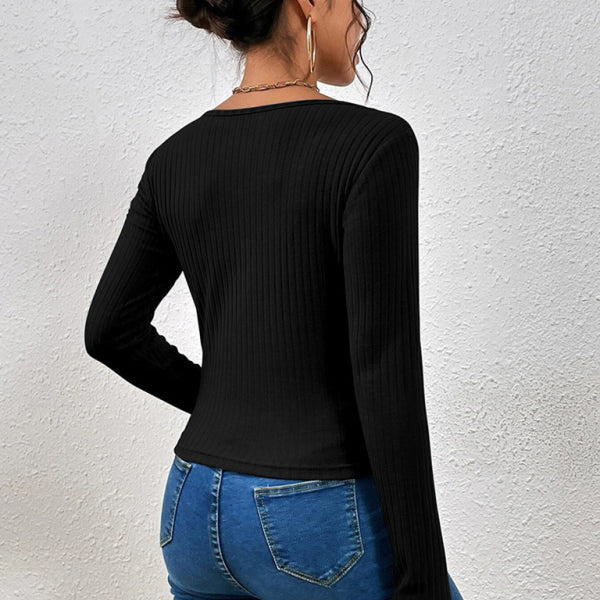 Women's solid color crossover V-neck long-sleeved T-shirt - Stormyjay