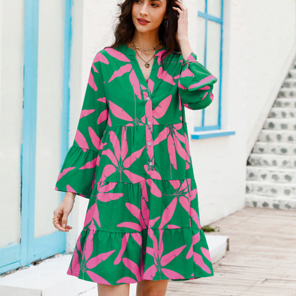 Women's floral print bell sleeve dress - Stormyjay