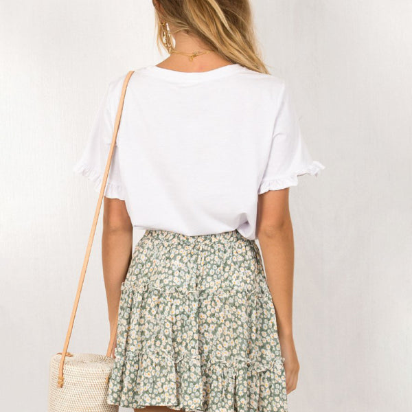 Ladies High Waist Ruffled Floral Printed A-Line Skirt - Stormyjay