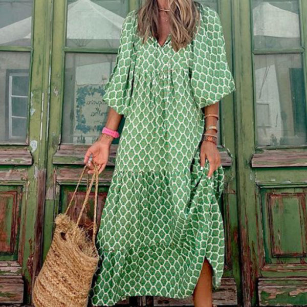 Geometric Collage Puff Sleeve Dress Street Holiday Women's Clothing - Stormyjay
