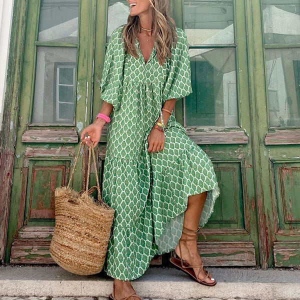 Geometric Collage Puff Sleeve Dress Street Holiday Women's Clothing - Stormyjay