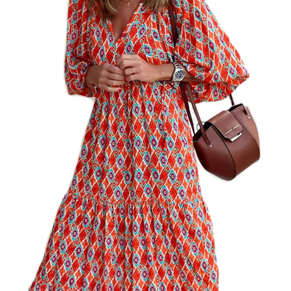 Geometric Collage Puff Sleeve Dress Street Holiday Women's Clothing - Stormyjay