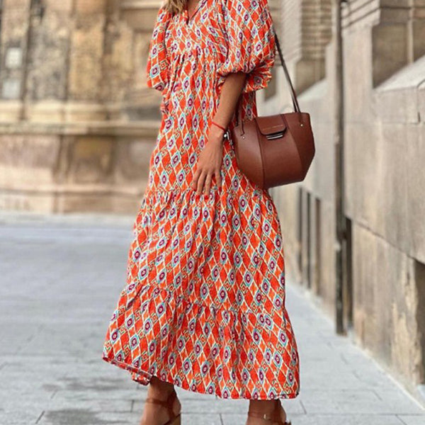 Geometric Collage Puff Sleeve Dress Street Holiday Women's Clothing - Stormyjay