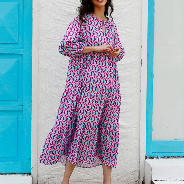 Geometric Collage Puff Sleeve Dress Street Holiday Women's Clothing - Stormyjay