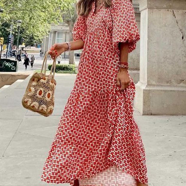 Geometric Collage Puff Sleeve Dress Street Holiday Women's Clothing - Stormyjay