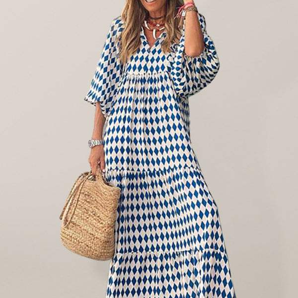 Geometric Collage Puff Sleeve Dress Street Holiday Women's Clothing - Stormyjay