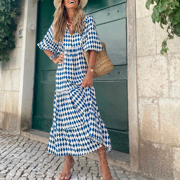 Geometric Collage Puff Sleeve Dress Street Holiday Women's Clothing - Stormyjay