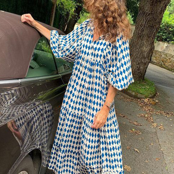 Geometric Collage Puff Sleeve Dress Street Holiday Women's Clothing - Stormyjay