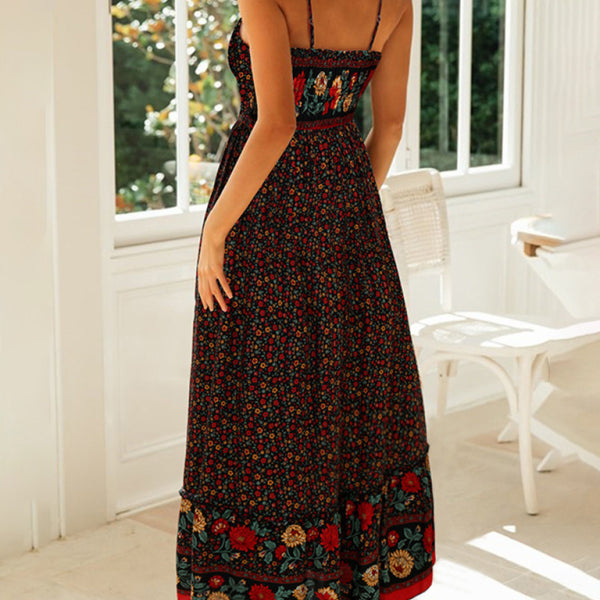 Summer new big swing skirt Bohemian V-neck suspender floral dress - Stormyjay