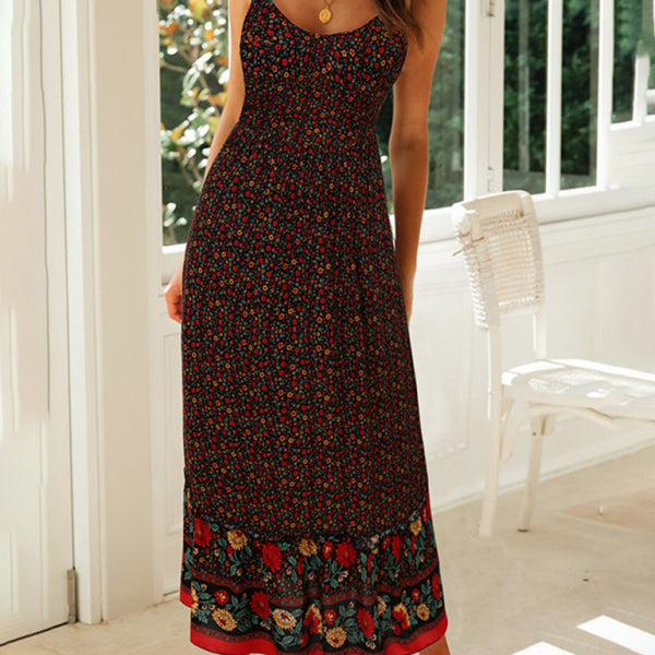 Summer new big swing skirt Bohemian V-neck suspender floral dress - Stormyjay