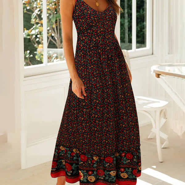 Summer new big swing skirt Bohemian V-neck suspender floral dress - Stormyjay