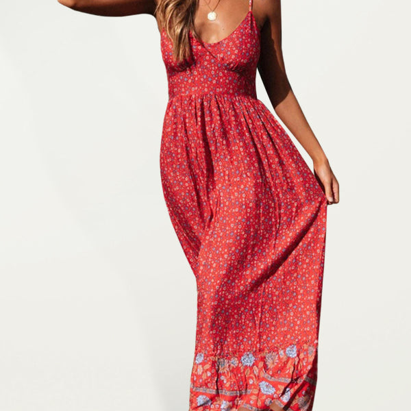 Summer new big swing skirt Bohemian V-neck suspender floral dress - Stormyjay