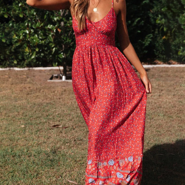 Summer new big swing skirt Bohemian V-neck suspender floral dress - Stormyjay